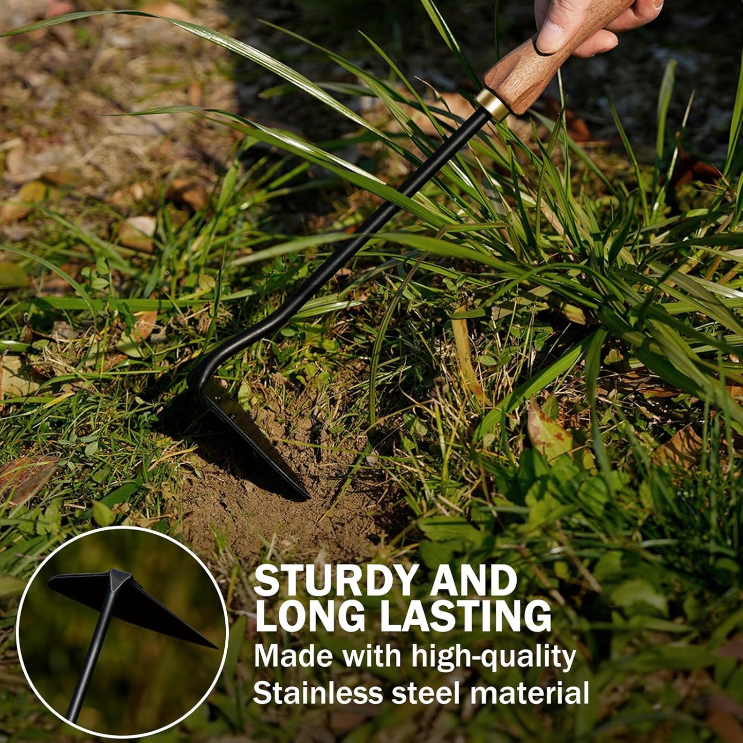 Triangle Hand Hoe, Heavy Duty Stainless Steel Weed Puller and Weed Remover Gardening Tool with Walnut Handle for Weeding, Soil Loosening and Cultivating