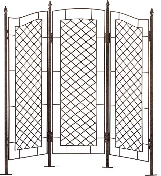 H Potter Large Garden Trellis for Climbing Plants Wrought Iron Metal 3 Panel Ivy Garden Privacy Screen Patio Deck GAR573L
