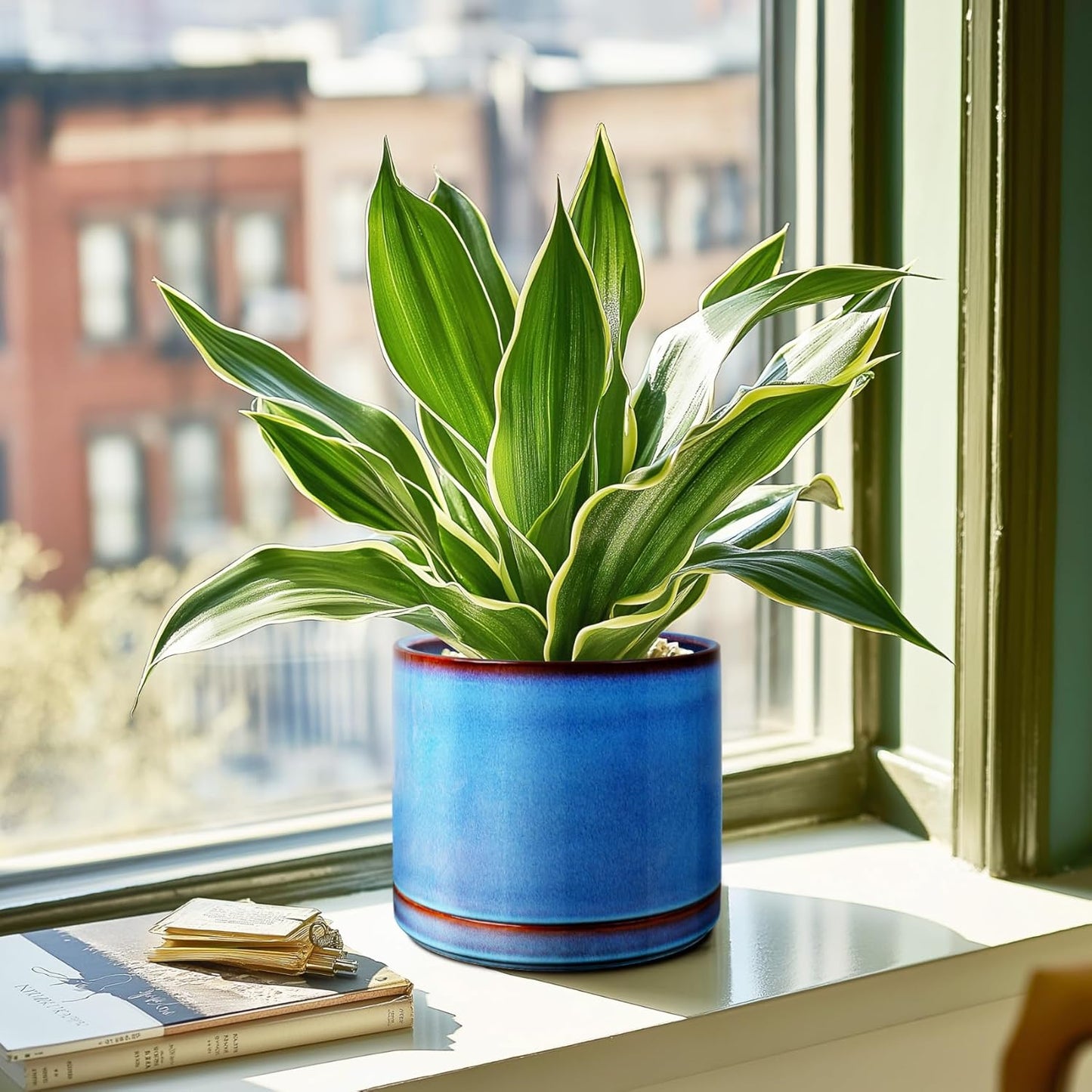 EFISPSS Ceramic Planter 8 Inch, Ceramic Plant Pots with Drainage Hole and Saucer, Indoor Modern Flower Pot for Home and Office Flower Pot - Blue