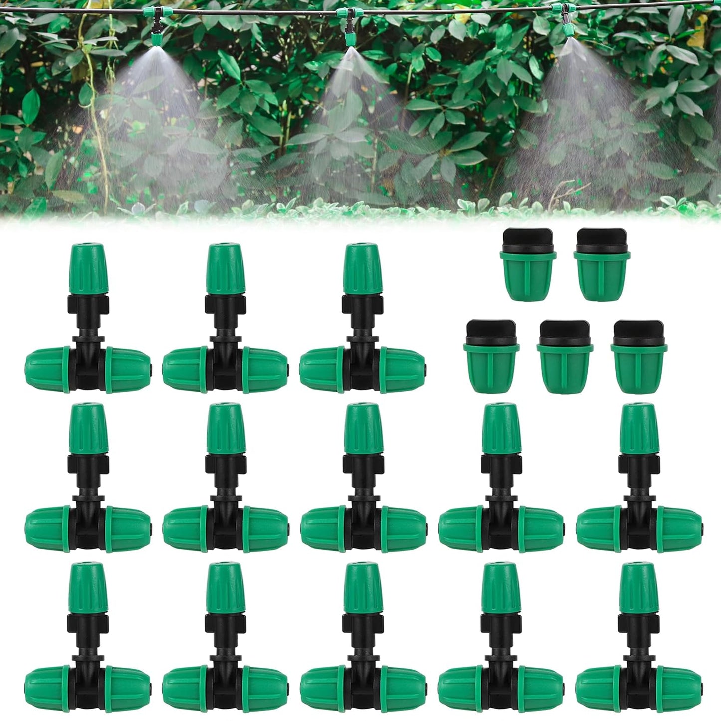 Misting Cooling System with 20 Adjustable Nozzles.20 Lock Barbed 6mm to 1/4 Inch Tee, 5 Lock Barbed End Plugs for Greenhouse Lawn Raised Bed