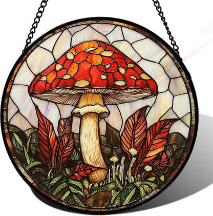 Stained Glass Window Hanging, Big Red Mushroom Suncatcher for Doors Home Sun Catchers Decoration and Christmas, Mother's Day Birthday Gifts for Women, Men, and Mom 14.9x14.9 in