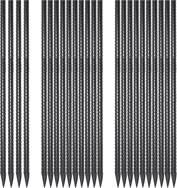 24 Pack Straight Rebar Stakes 24 Inch Metal Stakes for Ground Heavy Duty with Chisel Point End 1/2 Inch Diameter Landscape Timber Spikes for Plant Support, Concrete Form and Fence, Black