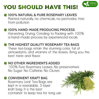 FreshDrinkUS, Premium 100 Rosemary Leaf Tea Bags, Made with 100% Natural Rosemary Dried Leaves, Pure Rosemary Herbal Tea, No Additives, No Caffeine, No Gluten, Vegan.