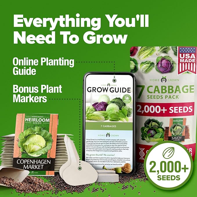 HOME GROWN 7 Cabbage Seeds for Planting - 2000+ Heirloom 𝗡𝗢𝗡-𝗚𝗠𝗢 𝗨𝗦𝗔 Seeds - Golden Acre,BokChoy,Savoy,Michihili, Red Acre, Copenhagen Market,Jersey Wakefield - Vegetable Seeds for Planting