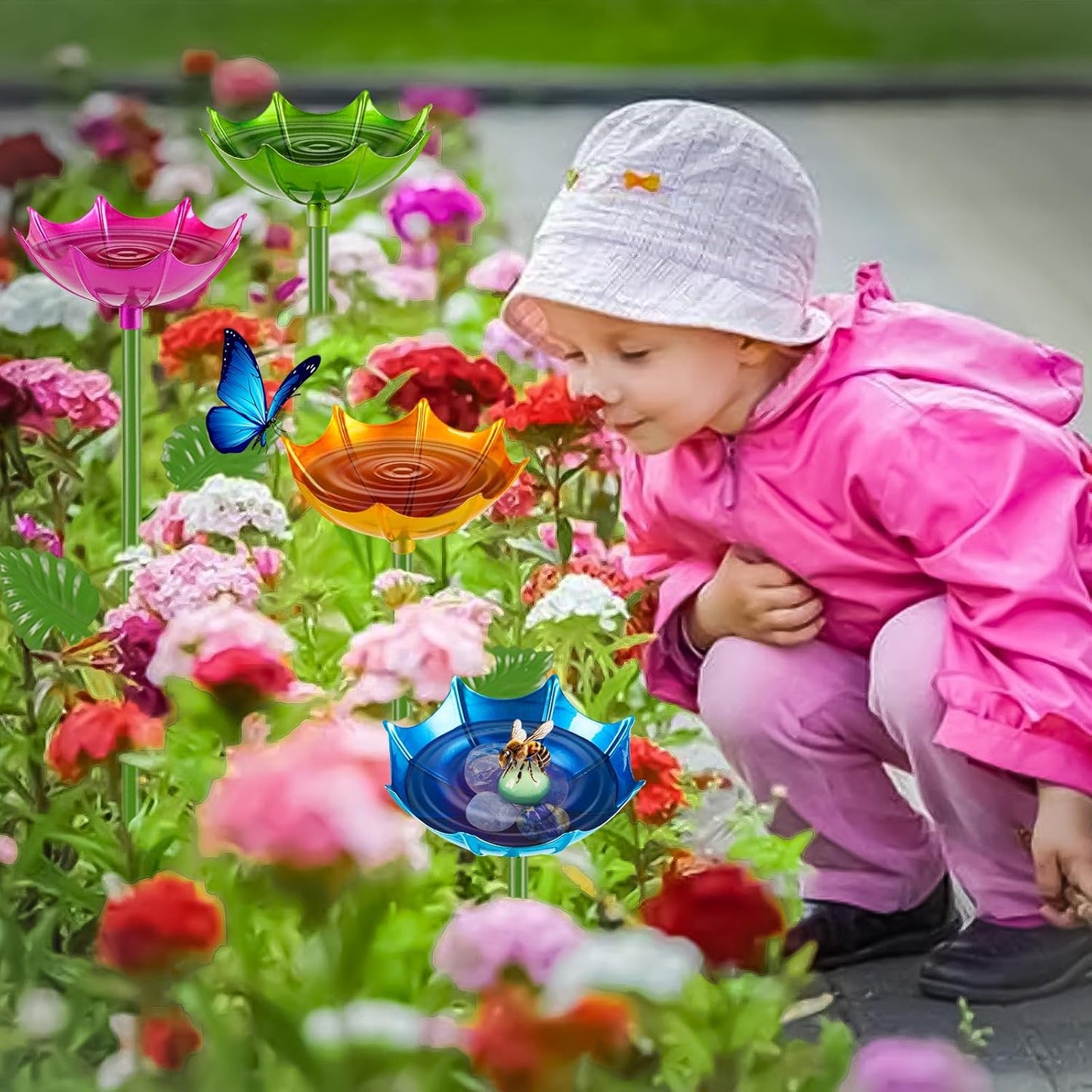 Bee Watering Station for Garden, 4 Pack Bee Drinking Station with Umbrella Design, Metal Butterfly Feeder Bee Baths for Outdoor Garden Yard Decor (Red,Green,Blue,Yellow)