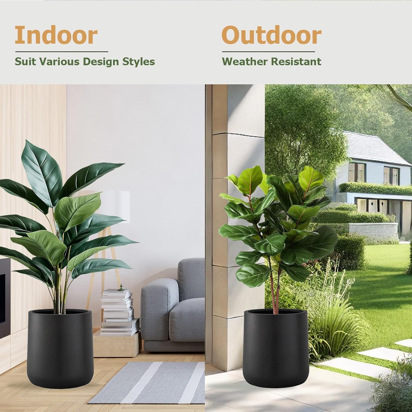 13" H x 12.6" D Conico Fiberstone Round Planter with Drainage Hole, Smooth Finishes, Weather Resistant for Indoor and Outdoor Use, Included 2 Extra Coco Mats (Black, 10" Pot Opening)