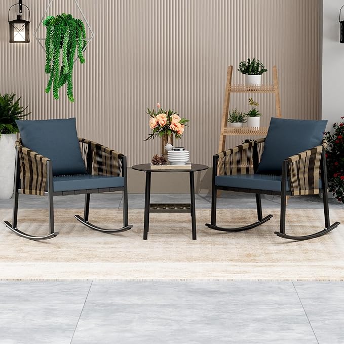 DECMICO 3-Piece Outdoor Wicker Patio Conversation Set, Rocking Bistro Chairs with Round Coffee Table for Small Space Balcony Backyard Garden, Blue