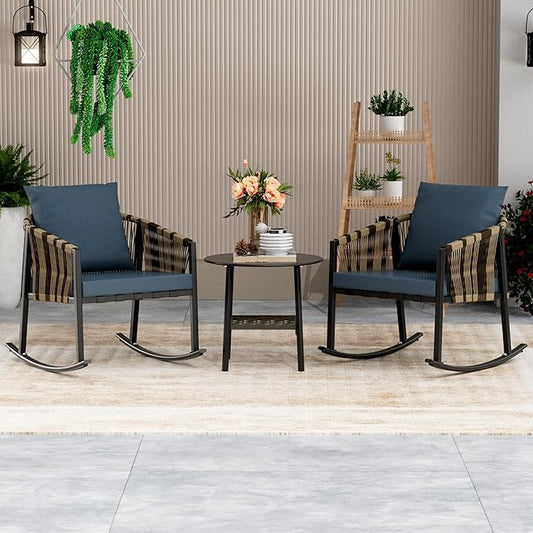 DECMICO 3-Piece Outdoor Wicker Patio Conversation Set, Rocking Bistro Chairs with Round Coffee Table for Small Space Balcony Backyard Garden, Blue