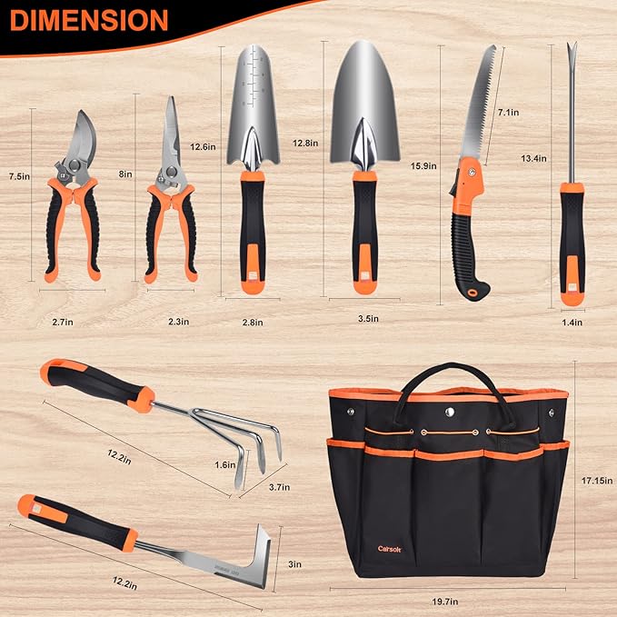 Garden Tools Set, Carsolt 10 Piece Stainless Steel Heavy Duty Gardening Tools Set for Planting Pruning Gardening Kit with Durable Gardening Bag Gloves Gift Box Ideal Garden Gifts for Women Men(Orange)