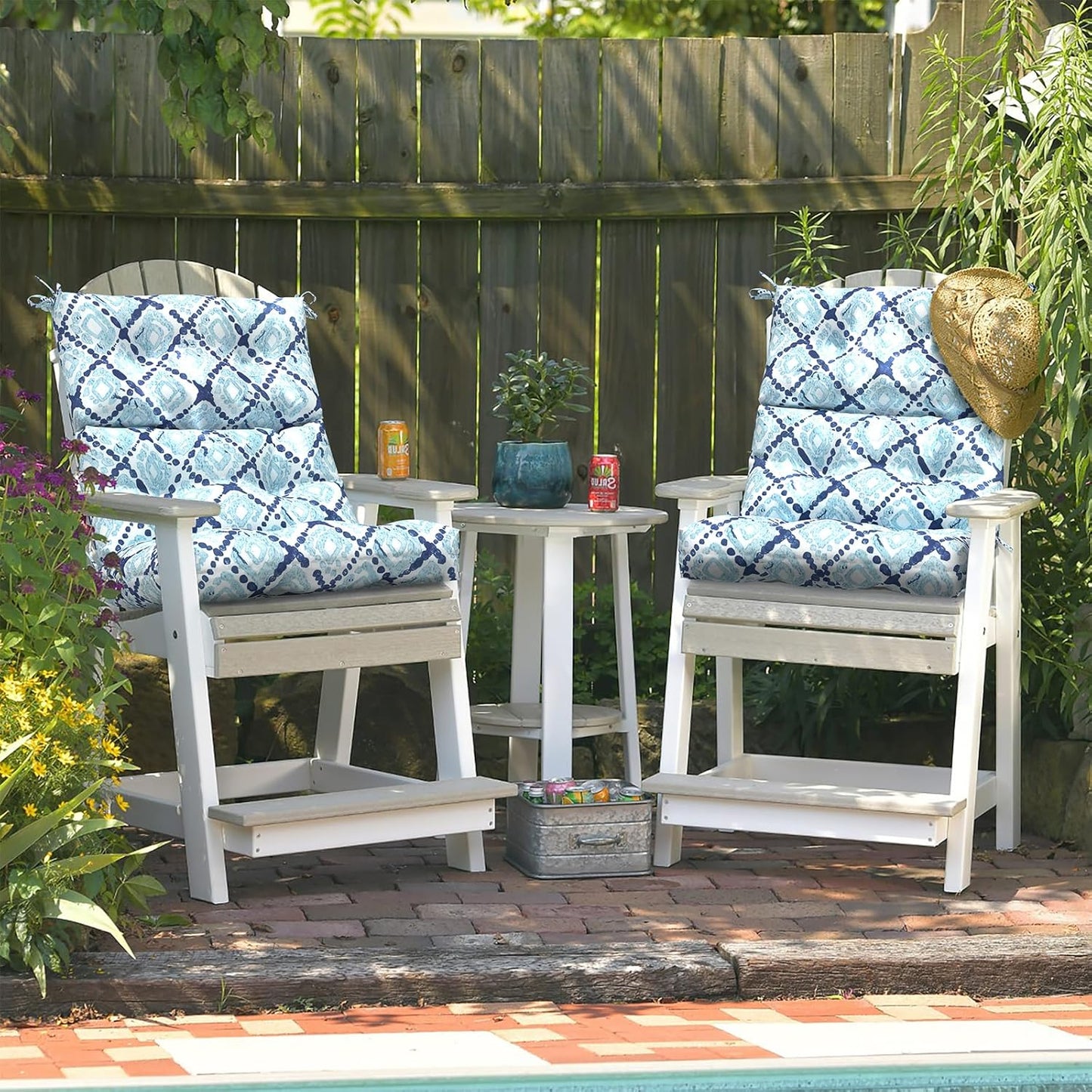 LVTXIII Outdoor Tufted High Back Cushions Set of 2 Patio Seasonal Replacement Rocking Chair Cushion with Ties, Solid Seat and Back Chair Cushion, (44” L x 22W”, Boho Geometry Blue)