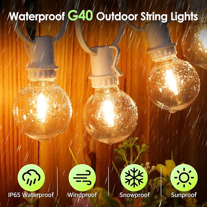 Mlambert 96Ft(2x48Ft) Solar String Lights, Outdoor Waterproof Patio Lights with 18 Shatterproof G40 Bulbs(2 Spare), Led Light for Backyard-White Wire