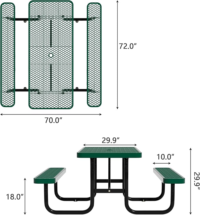 72'' Rectangular Steel Picnic Table for Outdoors,Commercial Metal Picnic Table Bench Set with Umbrella Hole,School Canteen Table W/Seats - Heavy Duty Sturdy Picnic Tables Furniture for Patio Garden