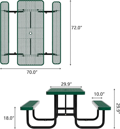72'' Rectangular Steel Picnic Table for Outdoors,Commercial Metal Picnic Table Bench Set with Umbrella Hole,School Canteen Table W/Seats - Heavy Duty Sturdy Picnic Tables Furniture for Patio Garden
