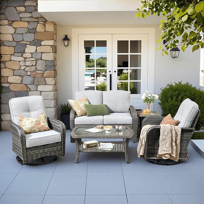 5 Pieces Patio Furniture Set,Outdoor Furniture with Rockers, Rattan Conversation Sets w/Coffee Table, Grey Wicker Light Grey Cushion
