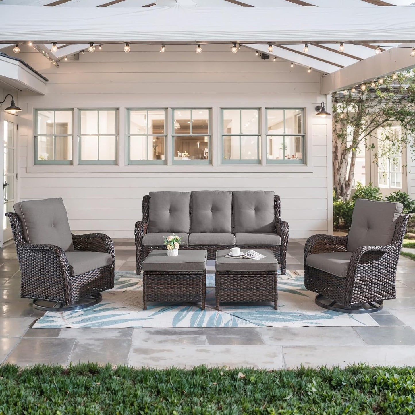 5 Piece Outdoor Patio Furniture Set - Wicker Furniture Patio Conversation Set, Outdoor Swivel Rocker Chairs with 3-Seater Sofa and 2 Ottomans for Small Space, Gray Cushion