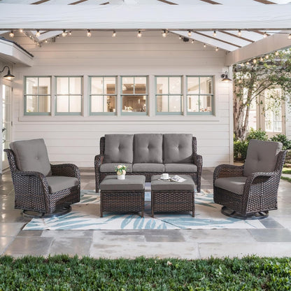 5 Piece Outdoor Patio Furniture Set - Wicker Furniture Patio Conversation Set, Outdoor Swivel Rocker Chairs with 3-Seater Sofa and 2 Ottomans for Small Space, Gray Cushion