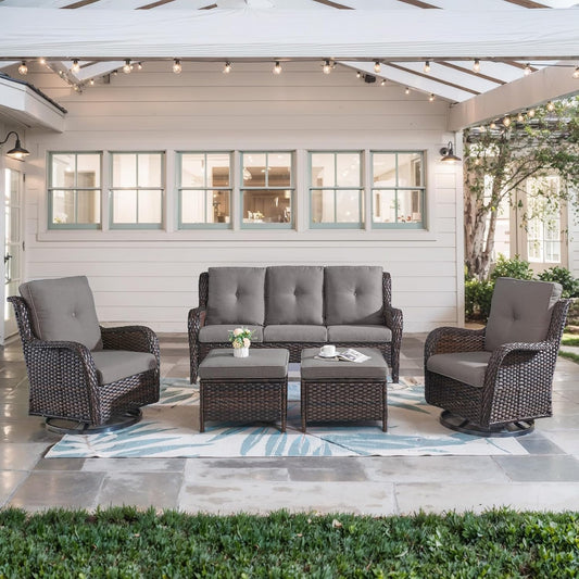 5 Piece Outdoor Patio Furniture Set - Wicker Furniture Patio Conversation Set, Outdoor Swivel Rocker Chairs with 3-Seater Sofa and 2 Ottomans for Small Space, Gray Cushion