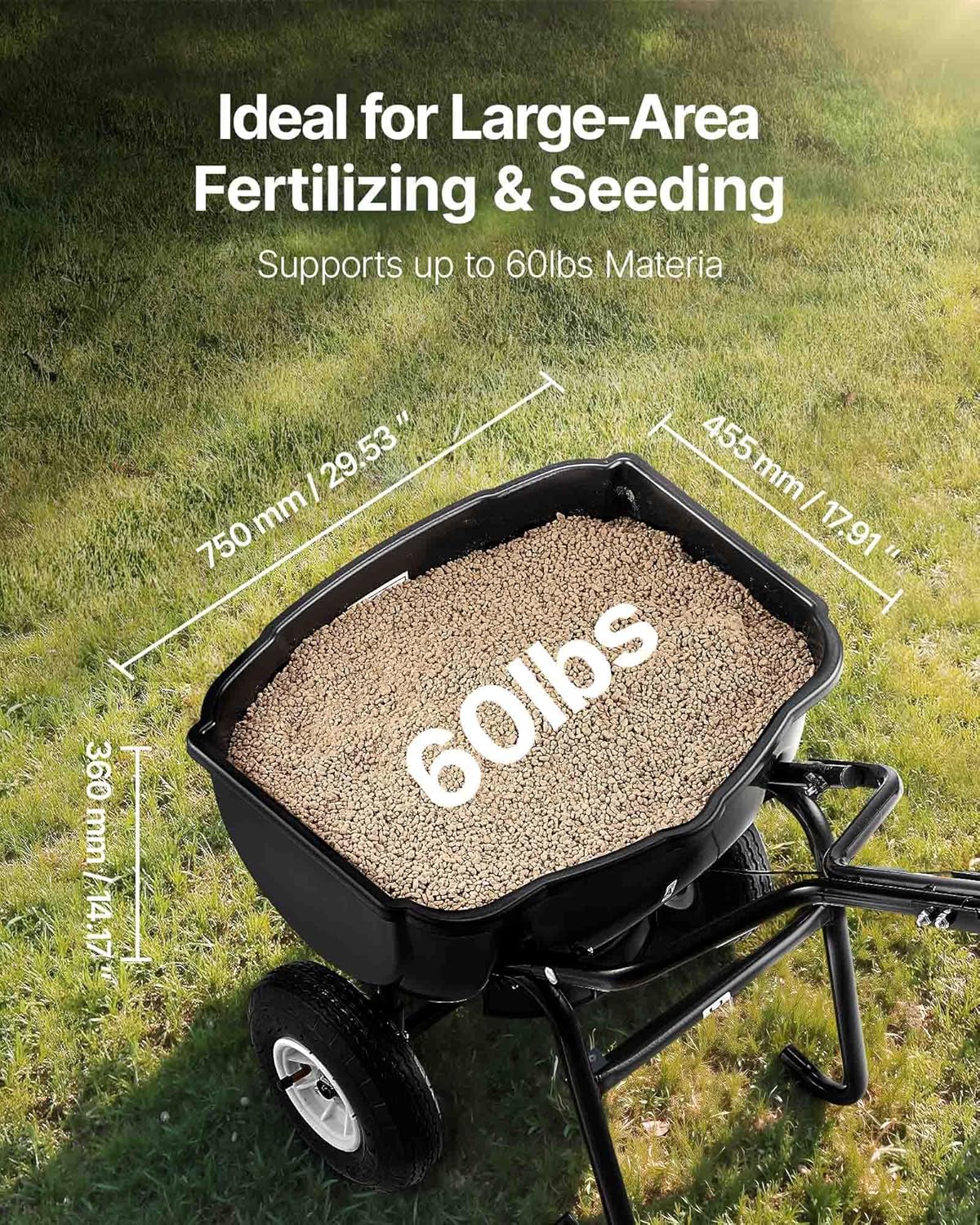 VEVOR Broadcast Spreader, 60LBS Capacity, Walk-Behind Push Spreader, 0-9.8 ft Spreading Width, 10 in All Terrain Pneumatic Tires, Lawn Spreaders with Hopper Grate, for Seed, Fertilizer, Ice Melt