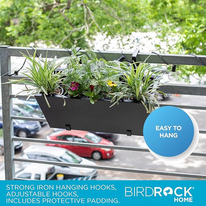 BIRDROCK HOME 2pk Metal Railing Planter Box | Flower Boxes for Deck Railings | Adjustable Rail Hanging Bracket | Black Balcony Boxes | House Apartment Plant Pot