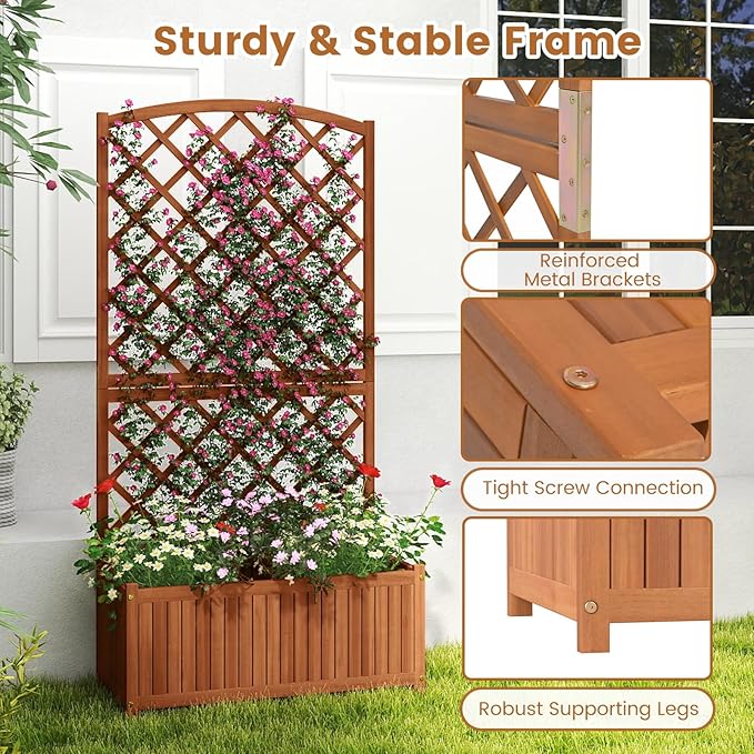 HAPPYGRILL Wooden Raised Garden Bed with Trellis, 63" Tall Planter Box with Trellis & Slat Bottom Base Vine Climbing Plants Flowers, Outdoor Freestanding Garden Box for Backyard Balcony (1)