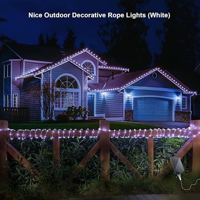 Solar Rope Lights Outdoor Waterproof LED, 66ft 200 LEDs Cold White String Lights,8 Lighting Modes Tube Lights with Remote for Christmas Garden Swimming Pool Trampoline