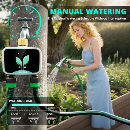 QUOBAS WiFi Sprinkler Timer with Brass Inlet & Outlet, 2-Zone Smart Water Timer for Garden Hose with APP Remote Control, Manual Watering, Rain Delay Watering, for Lawn, Garden