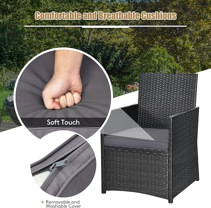 Tangkula 3 Pieces Patio Dining Set, Space-Saving PE Rattan Bistro Set with Tempered Glass Top Table and Cushioned Chairs, Outdoor Conversation Set for Garden Backyard Poolside Porch (Gray)