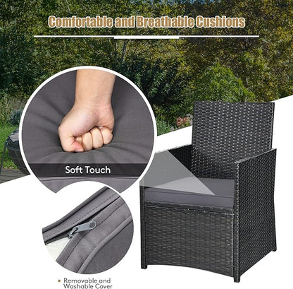 Tangkula 3 Pieces Patio Dining Set, Space-Saving PE Rattan Bistro Set with Tempered Glass Top Table and Cushioned Chairs, Outdoor Conversation Set for Garden Backyard Poolside Porch (Gray)