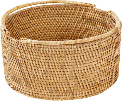 11"×11"×5" Rattan Picnic Basket with Handles, Large Round Gift Basket, Hand-Woven Basket for Fruit, Empty Gift Basket for Festival, Wedding, Camping