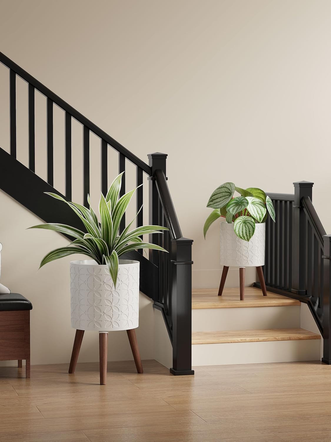 10 Inch Planter Pot with Stand, Planter for Indoor Plants, Modern Large Flower Planter Pot with Drainage Holes for Outdoor,Matte White