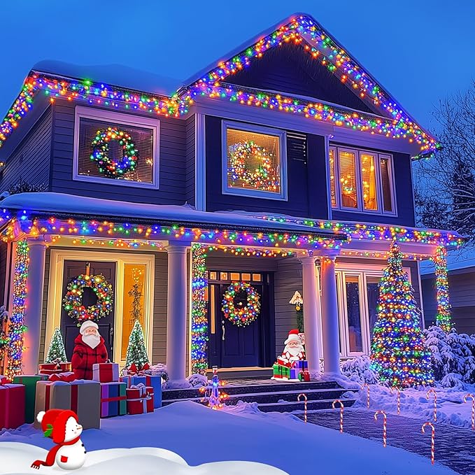 JMEXSUSS 2 Pack Solar String Light 100LED 32.8ft 8 Modes Solar Christmas Lights Waterproof for Gardens, Wedding, Party, Homes, Christmas Tree, Curtains, Outdoors (Multicolor)