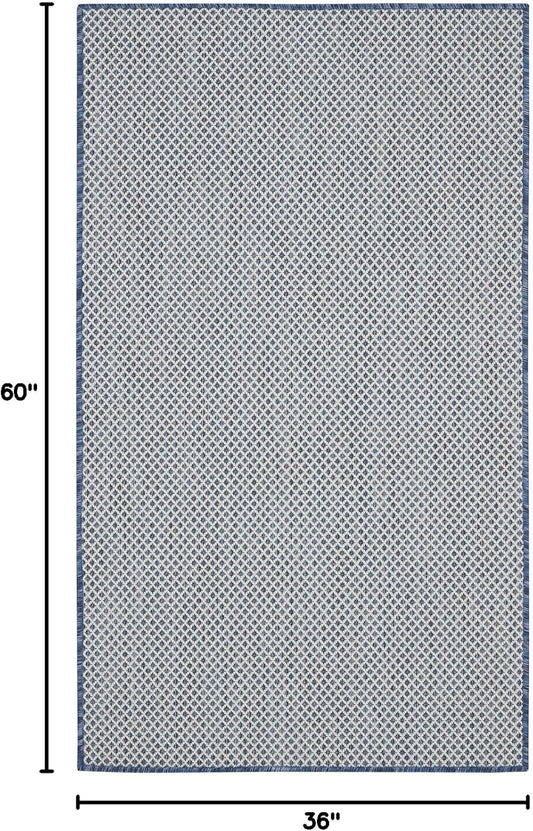 Nourison Courtyard Indoor/Outdoor Ivory Blue 3' x 5' Area Rug, Geometric, Easy Cleaning, Non Shedding, Bed Room, Living Room, Dining Room, Deck, Patio, Backyard (3x5)