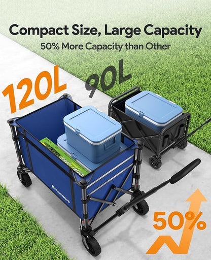 Collapsible Wagon Cart with Wheels 220lbs Foldable Wagon 120L Shopping Cart for Groceries Folding Utility Wagon for Beach, Garden, Camping, Sport, Wheelbarrows, Indigo