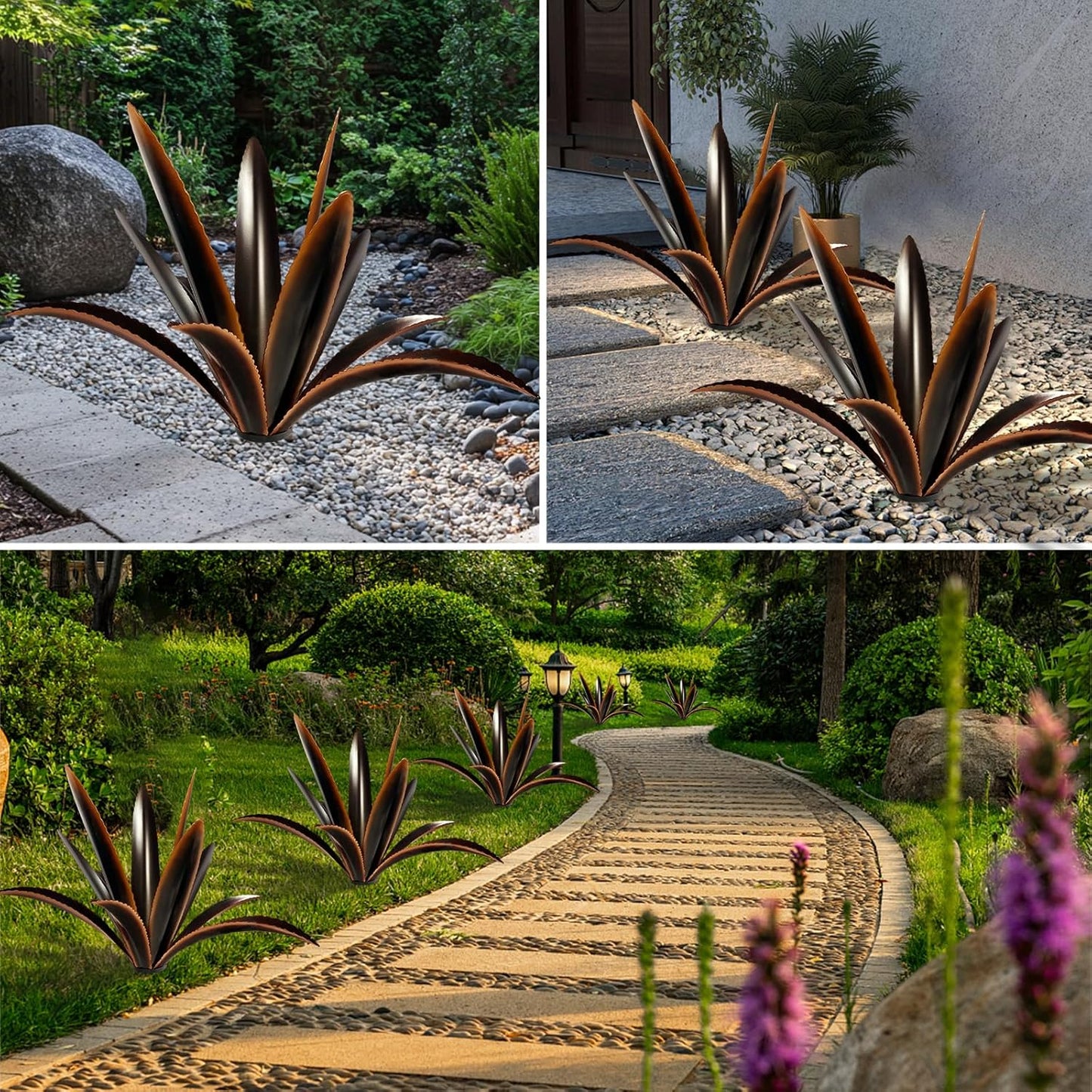 TOMBABY Enlarge Thickened Wind Resistant Metal Agave Garden Art Country Garden Sculpture Statue Outdoor Decoration Agave Metal Plant Courtyard Lawn Ornament Gift (1, 12 Leaves Black)