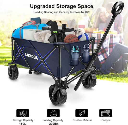 LUXCOL Collapsible Folding Wagon, Heavy Duty Utility Beach Wagon Cart for Sand with Big Wheels, Adjustable Handle&Drink Holders for Shopping, Camping,Garden and Outdoor Dark Blue