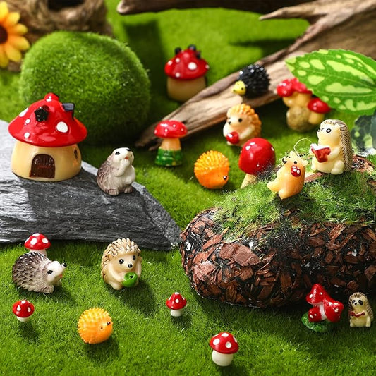 Woanger 30 Pcs Fairy Outdoor Garden Accessories Resin Mini Hedgehog Mushroom Miniature Figurines Garden Tiny Animals Figurines for House Terrarium Plant Bonsai Craft Decor(Cute)