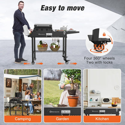 Grill Table for Outside, Portable Folding Grill Cart with Wheels and Adjustable Tabletop, 400 Lbs Weight Capacity, Movable Griddle Stand Fit 17'' or 22'' for Camping, BBQ, Cooking