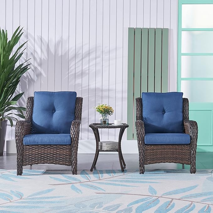 Rilyson Patio Bistro Set Wicker Chairs - 3 Piece Outdoor Rattan Conversation Set with 2 Armrest Chair and 1 Side Table for Proch Deck Garden Backyard Balcony(Brown/Blue)