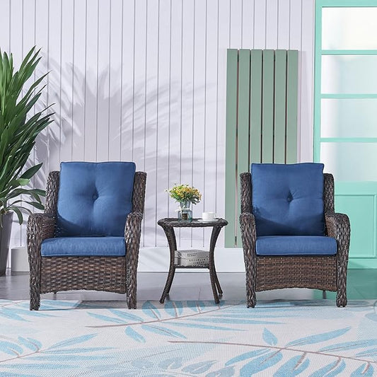 Rilyson Patio Bistro Set Wicker Chairs - 3 Piece Outdoor Rattan Conversation Set with 2 Armrest Chair and 1 Side Table for Proch Deck Garden Backyard Balcony(Brown/Blue)