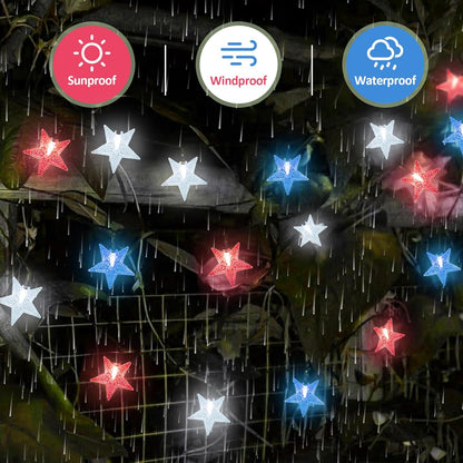 4th of July Twinkle Solar Star String Lights Decorations Outdoor Waterproof Fairy Lights 39FT Red White and Blue 100 LED with 8 Lighting Modes for Independence Day President Day Memorial Day