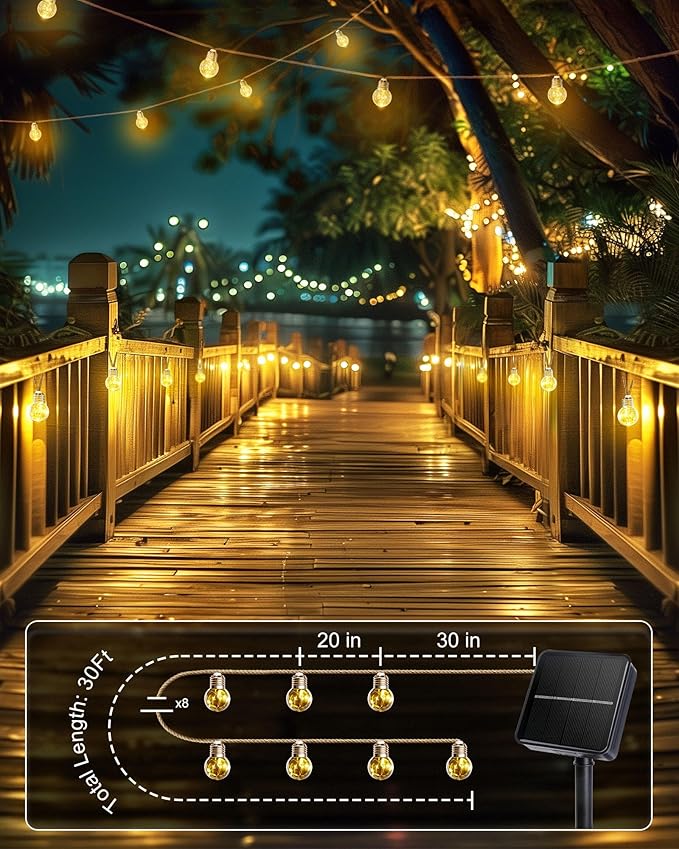 Brightown Solar String Lights Outdoor, 2 Pack 30Ft Vintage Hemp Rope Patio Lights with 15 Shatterproof Bulbs, 8 Light Modes Waterproof Hanging Lights for Backyard Fence Café Bistro Decor, Warm White