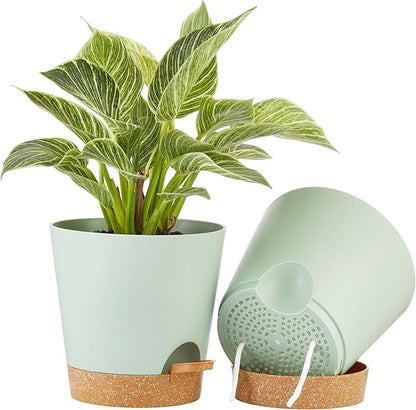 FaithLand 2-Pack 8 Inch Planter Pots for Indoor Outdoor Plants, Self Watering Flower Pots with Deep Reservoir, Green with Terracotta …