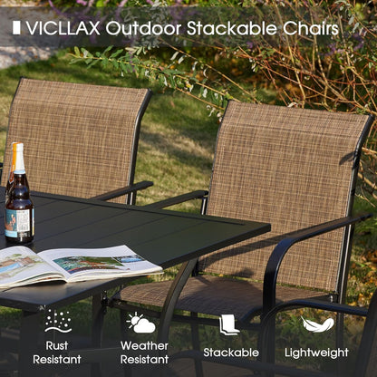 VICLLAX 5 Pieces Patio Dining Set, Outdoor Furniture Set Includes 37.8" Square Outdoor Table and 4 Stackable Patio Sling Chairs, Walnut Tabletop and Brown Fabric