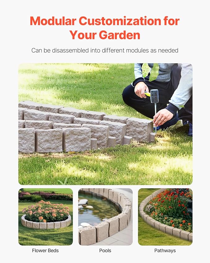 VEVOR Faux Stone Landscape Edging, No Dig Garden Edging Border, Flexible Blocks for Lawn Edging, Flower Beds, Driveway, Yards with 12 Spikes, 4 Pack 24 Bricks 16FT Kit, 46.9" Lx 4" W x 6" H, Brown