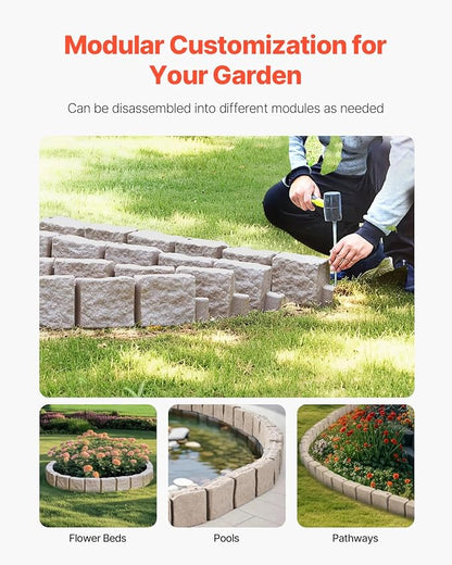 VEVOR Faux Stone Landscape Edging, No Dig Garden Edging Border, Flexible Blocks for Lawn Edging, Flower Beds, Driveway, Yards with 12 Spikes, 4 Pack 24 Bricks 16FT Kit, 46.9" Lx 4" W x 6" H, Brown