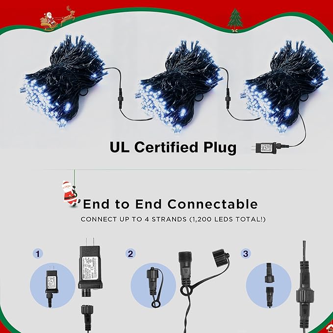 BlcTec Christmas Lights Indoor Outdoor, 300 LED 108FT Bright Christmas String Lights with 8 Modes, Connectable Plug, Waterproof, UL Listed and Timer, Suitable for Xmas Party Decorations, Cool White