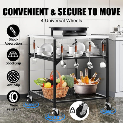 3-Shelf Outdoor Grill Table, Pizza Oven Tables with Waterproof Cover, Movable Dining Cart, Trolley Table with Wheels, Outdoor Kitchen Cooking Prep BBQ Cart for Home Party, Bar,Camping