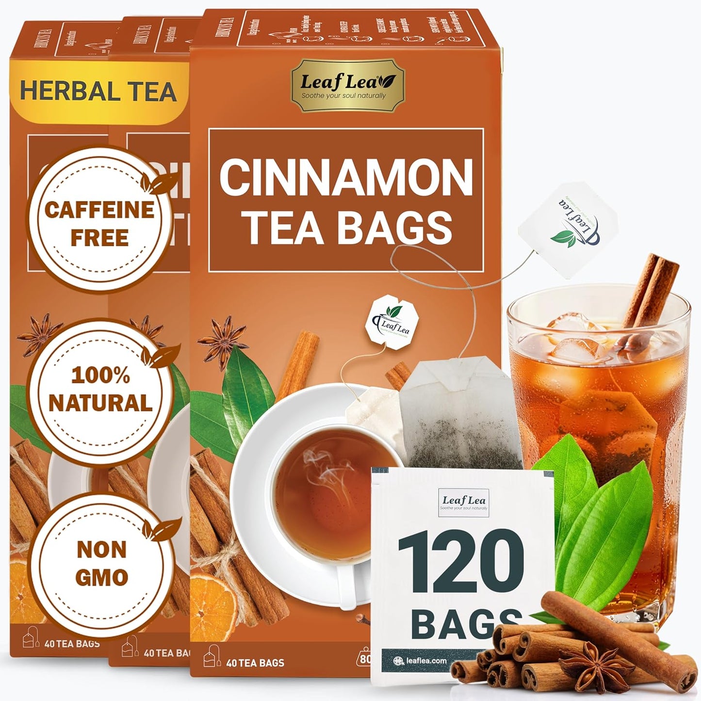 LeafLea 120 Cinnamon Tea Bags, Premium Herbal Tea with Ground Cinnamon Sticks, Spiced and Soothing Flavor for Relaxation, Caffeine-Free, Sugar-Free, Non-GMO, Vegan