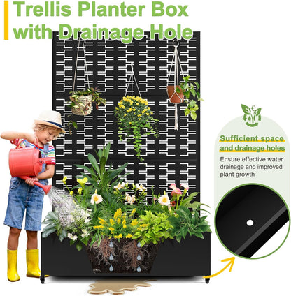 FENCY Metal Raised Garden Bed with Wheels and Trellis,73"x47"x16" Planter Box for Climbing Plants, Vegetables & Vines, Features Privacy Screen and Drainage Holes (Black-Brick)