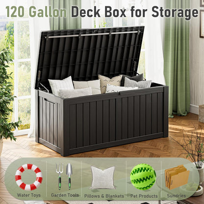 KAMABOKO Outdoor Storage Box, 120 Gallon Large Outdoor Resin Deck Box, Storage Waterproof Boxes Lockable Lid for Garden Tools, Pool Supplies, Patio Furniture and Cushions, Black